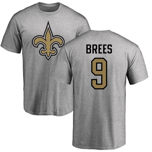 Men New Orleans Saints Ash Drew Brees Name and Number Logo NFL Football #9 T Shirt
